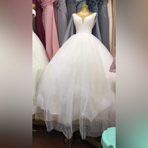 Long Train Wedding Gown With Faux Pearl and Beading Details, Detachable Sleeves